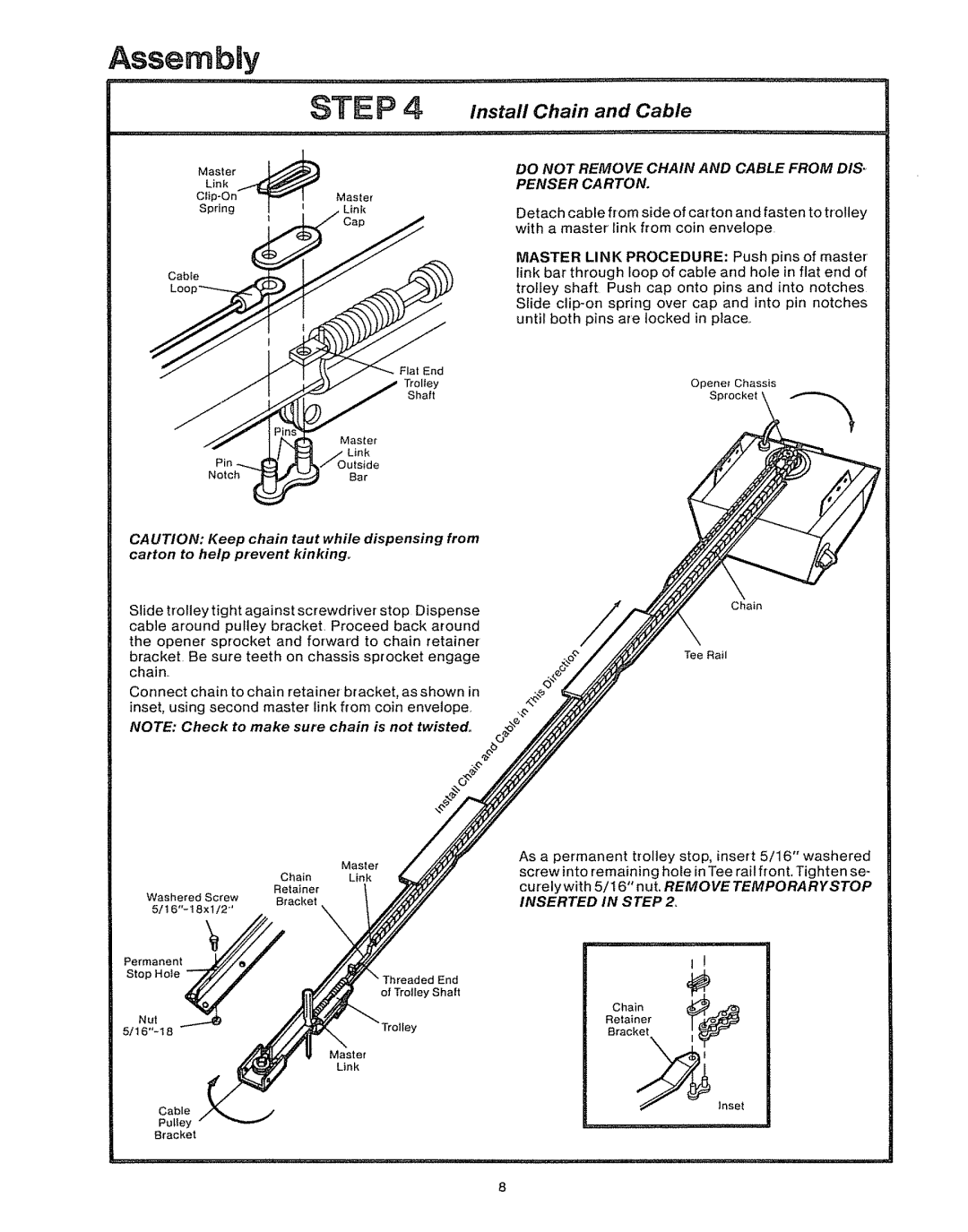 Craftsman 39535006 specifications Assembly, Install Chain and Cable 