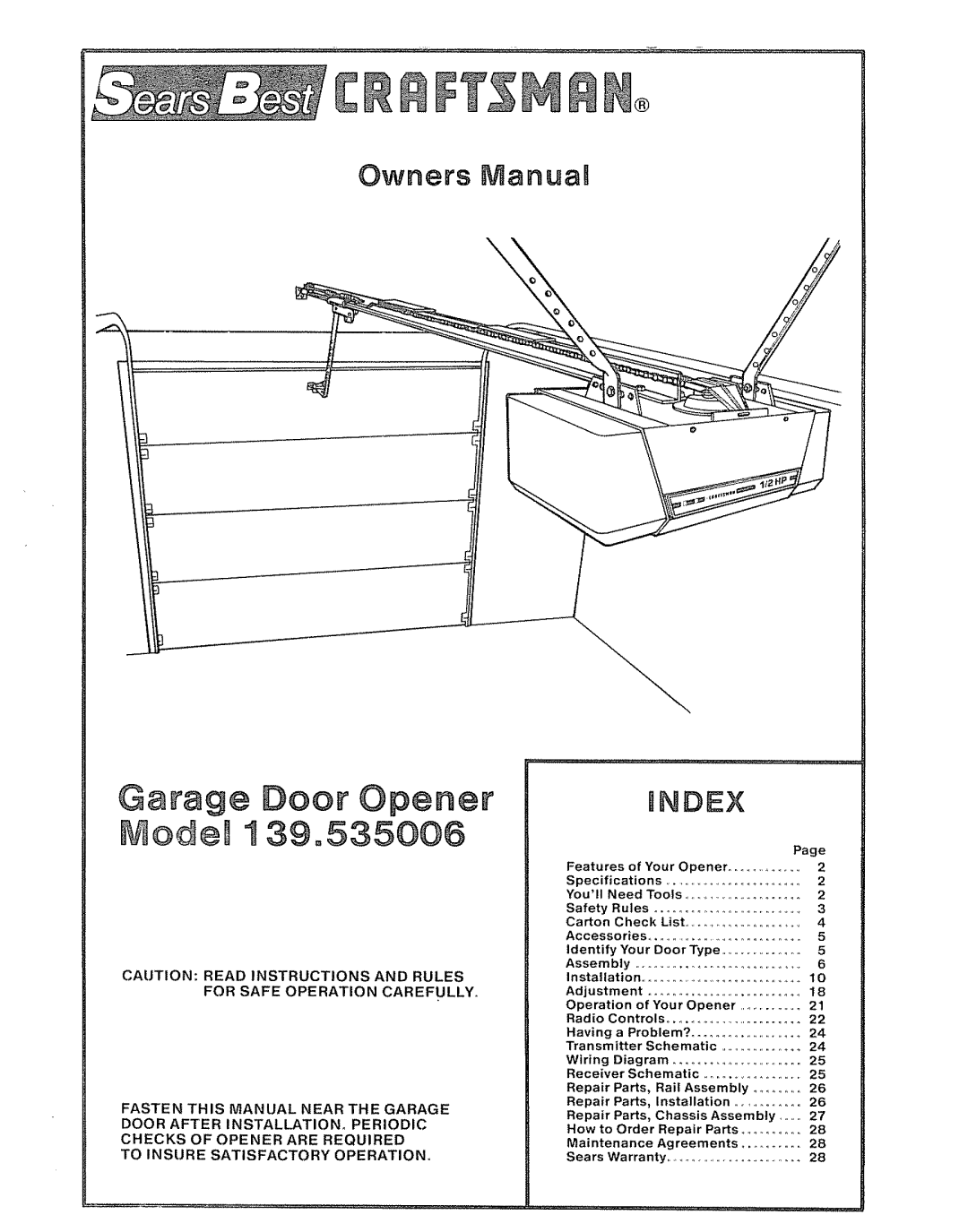 Craftsman 39535006 specifications Manua, Bndex, Door Opener, Owners 