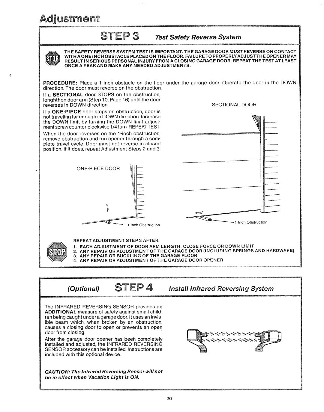Craftsman 39535006 specifications Optional, install tnfrared, Reversing, System, if a SECTIONAL door STOPS, limit, Step 