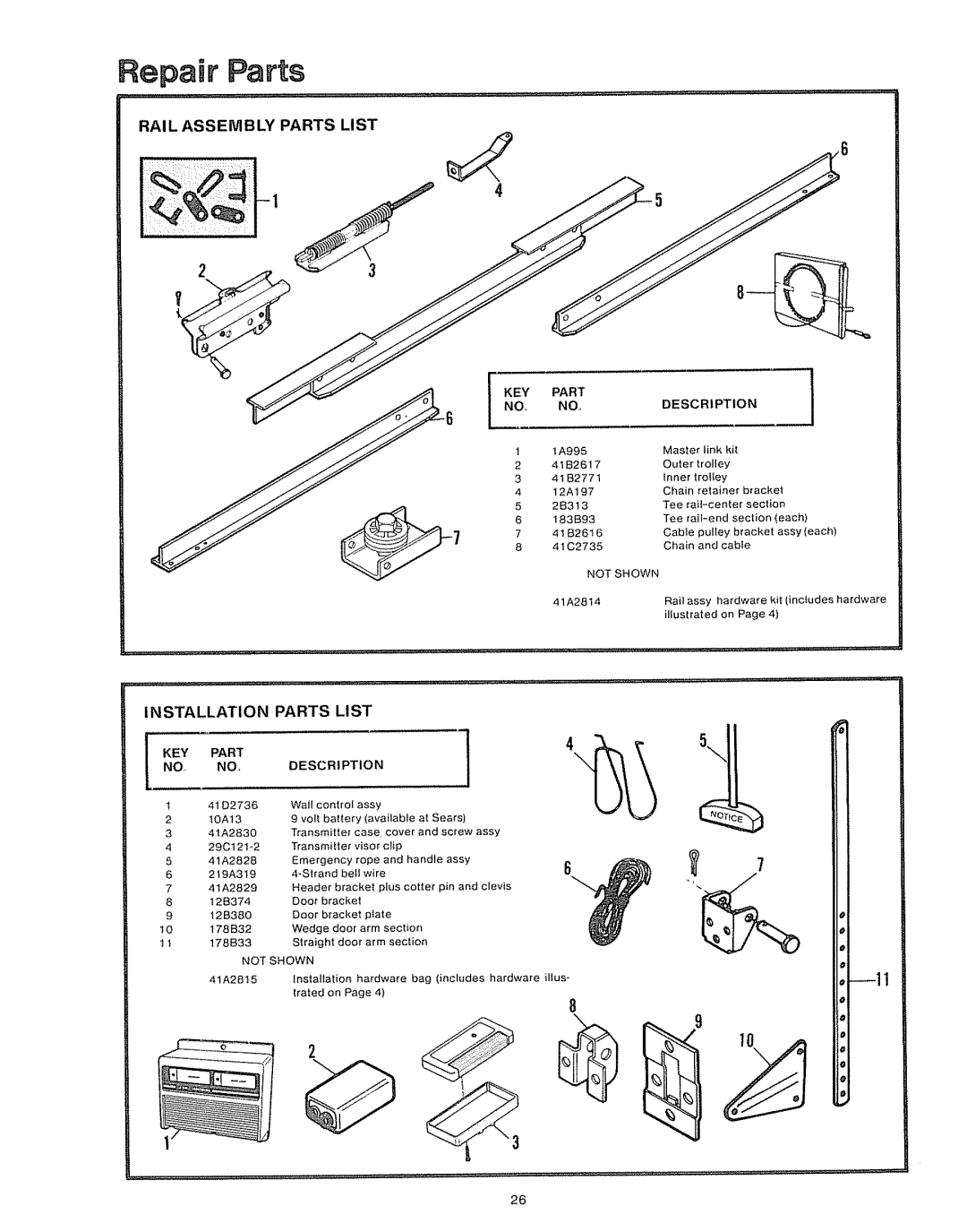 Craftsman 39535006 specifications Repair Parts, Rai L Assembly Parts List, Installation, trotey, Description, pIate, trated 