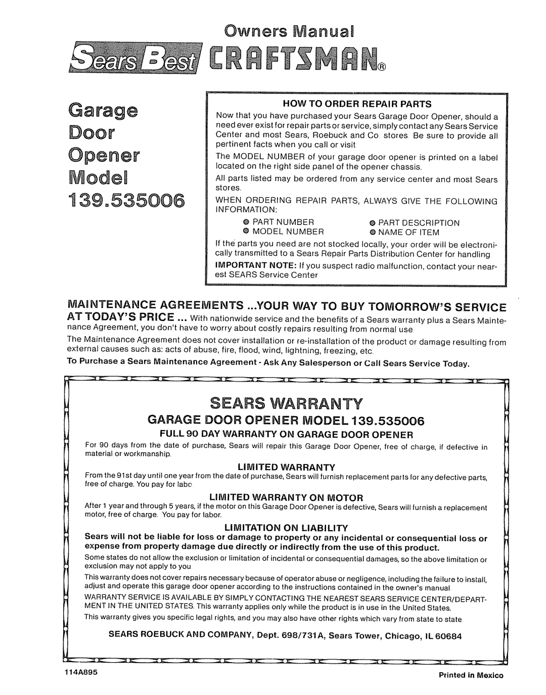 Craftsman 39535006 Garage Door Opener ModeU 139,535006, Sears Warranty, Owners tiVtlanua8, Garage Door Opener Model 