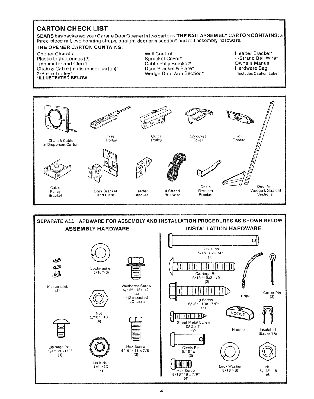 Craftsman 39535006 specifications Carton Check List, Assembly Hardware, Installation, Owners, Illustratedbelow, LsI IIC oo 