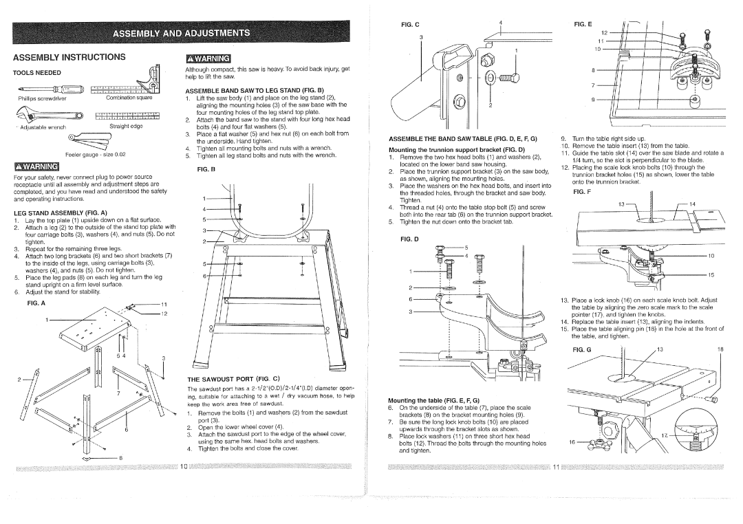 Craftsman 3BS12401 Phillipsscrewdriver Combinationsquare, Tools Needed, Assemble Band Sawto LEG Stand FIG. B 