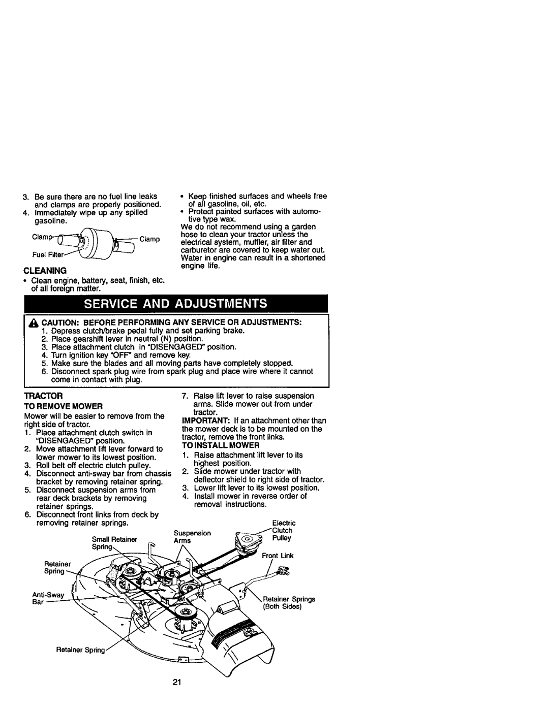 Craftsman 272, 410 owner manual Cleaning, Tractor To Remove Mower, To Install Mower 