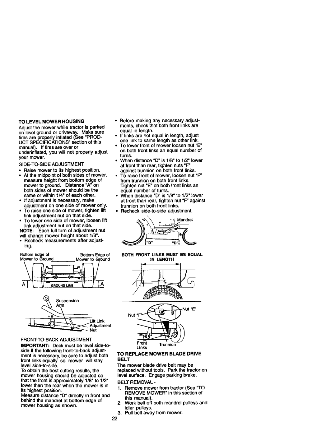 Craftsman 410, 272 To Level Mower Housing, SIDE-TO-SIDE Adjustment, To Replace Mower Blade Drive Belt, Belt Removal 