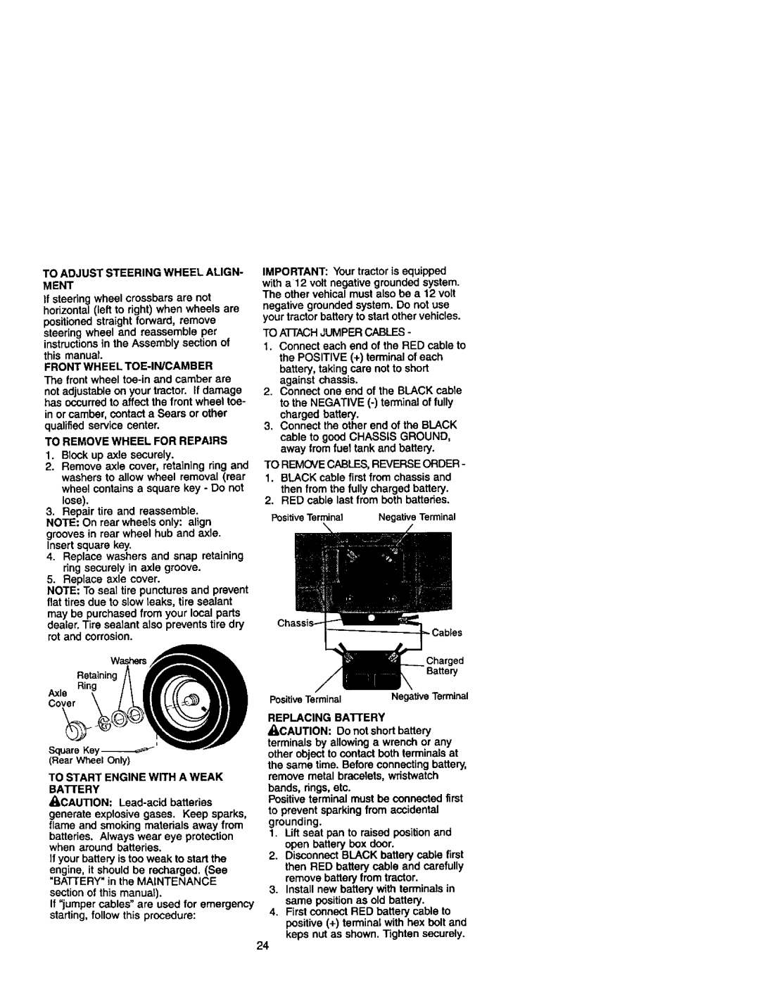 Craftsman 410, 272 owner manual To Adjust Steering Wheel ALIGN- Ment, Front Wheel TOE-IN/CAMBER, To Remove Wheel for Repairs 