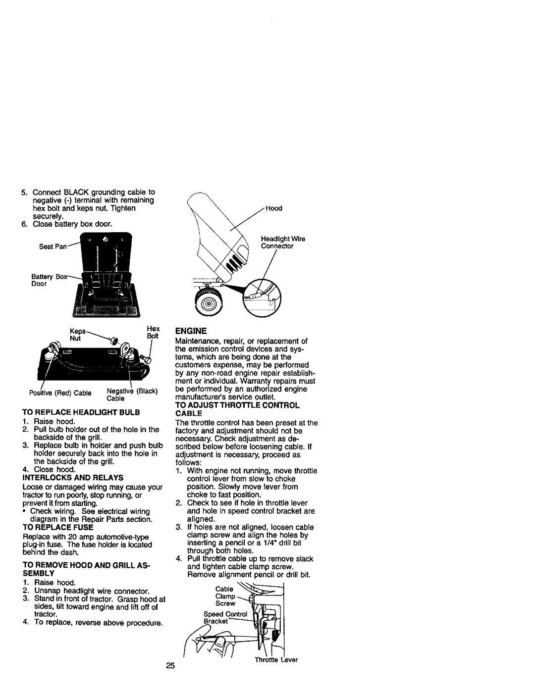 Craftsman 272, 410 To Replace Headlight Bulb, Interlocks and Relays, To Replace Fuse, To Remove Hood and Grill AS- Sembly 