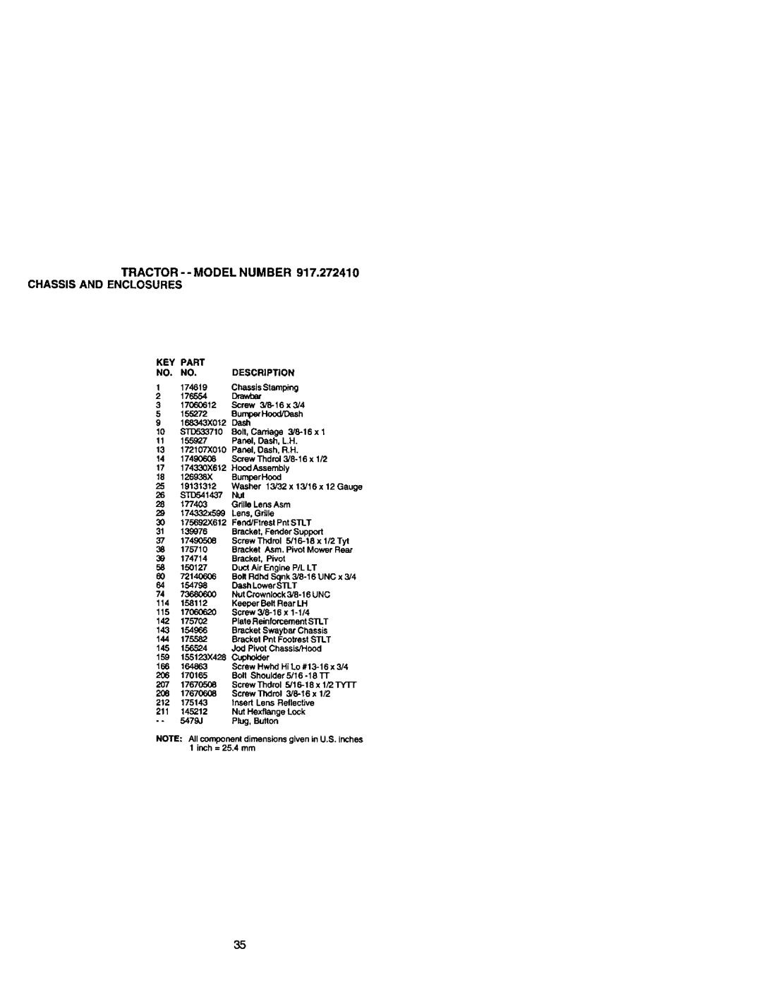 Craftsman owner manual TRACTOR-- Model Number 917.272410 Chassis and Enclosures, KEY Part Description 