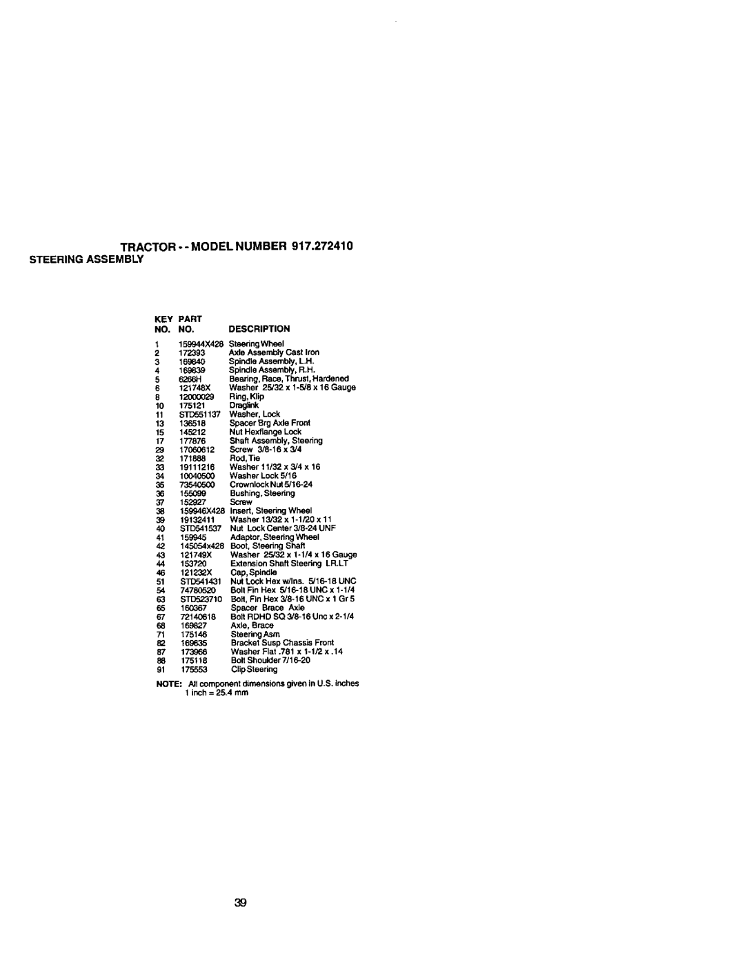 Craftsman owner manual TRACTORMODELNUMBER917--.272410 Steeringassembly, KEY Part NO. NO. Description 