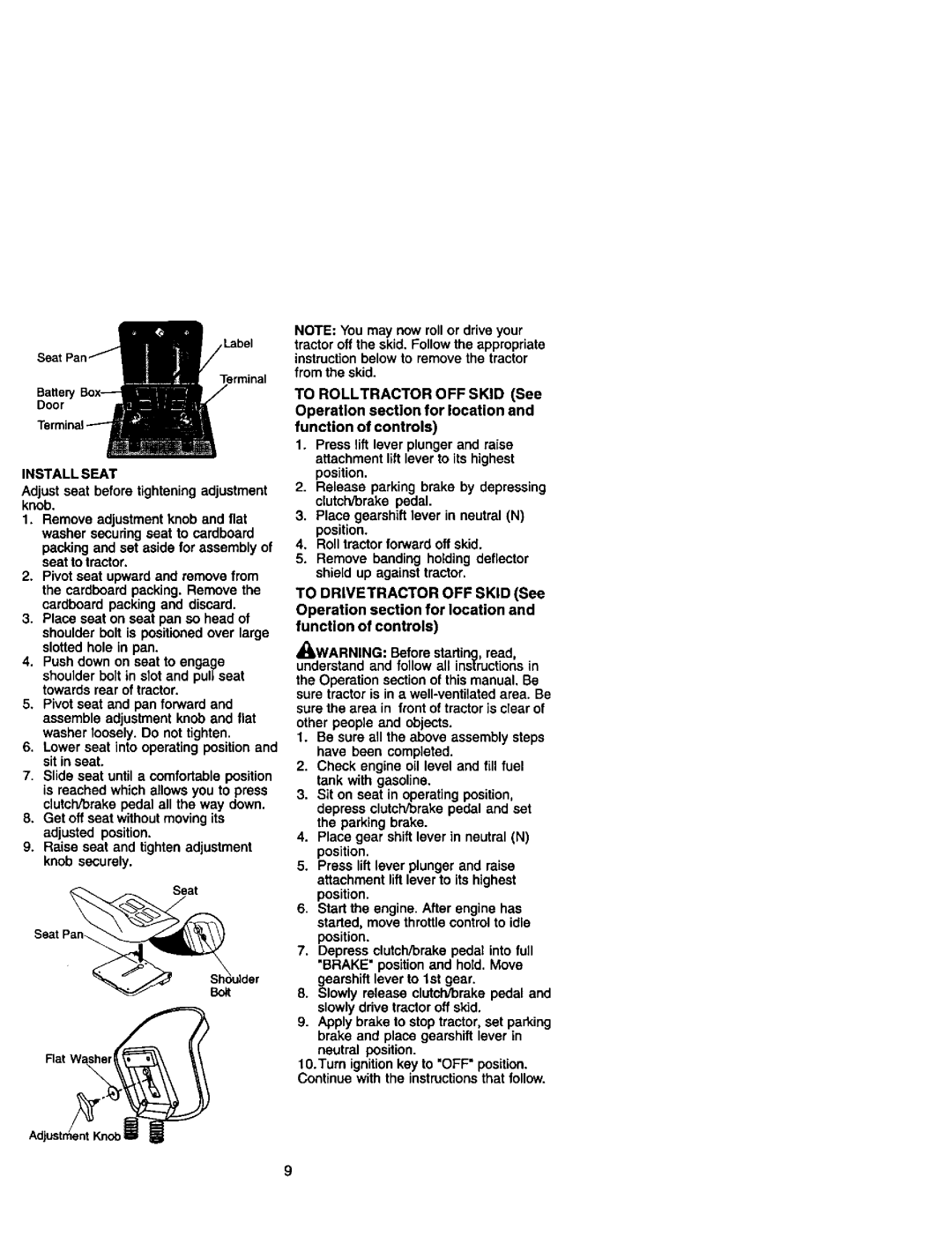 Craftsman 272, 410 owner manual Install Seat 