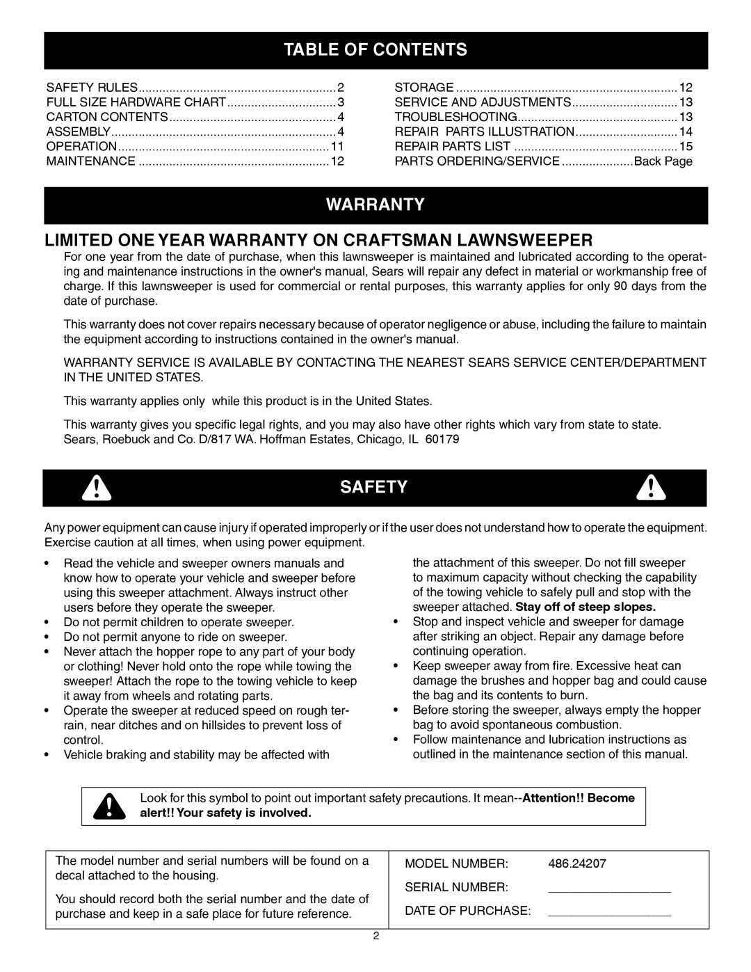 Craftsman 486.24207 owner manual Table of Contents, Warranty, Safety 