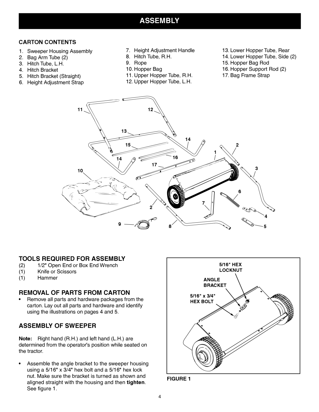 Craftsman 486.24207 owner manual Assembly, Carton Contents 