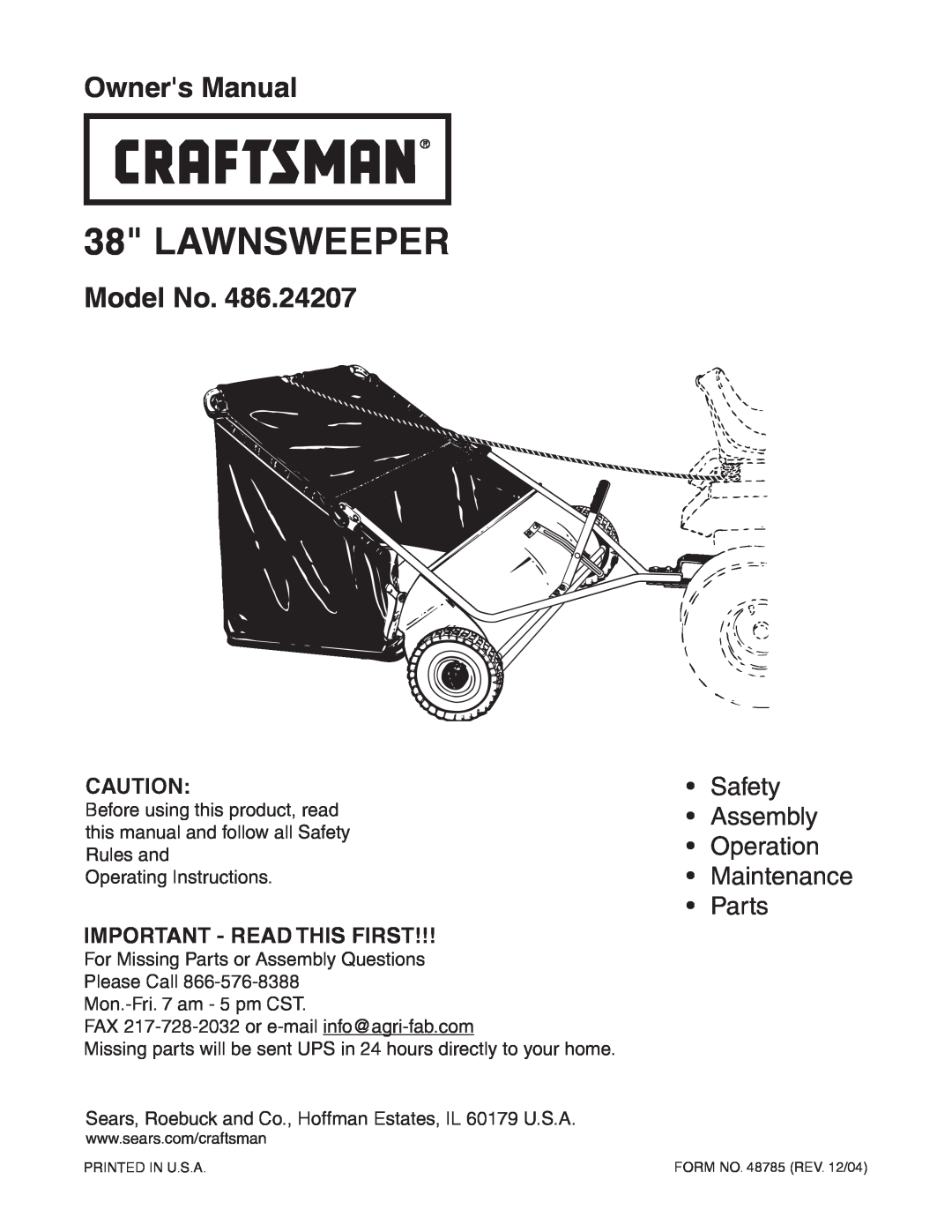Craftsman 486.24207 owner manual Important - Read This First, Lawnsweeper, Model No 