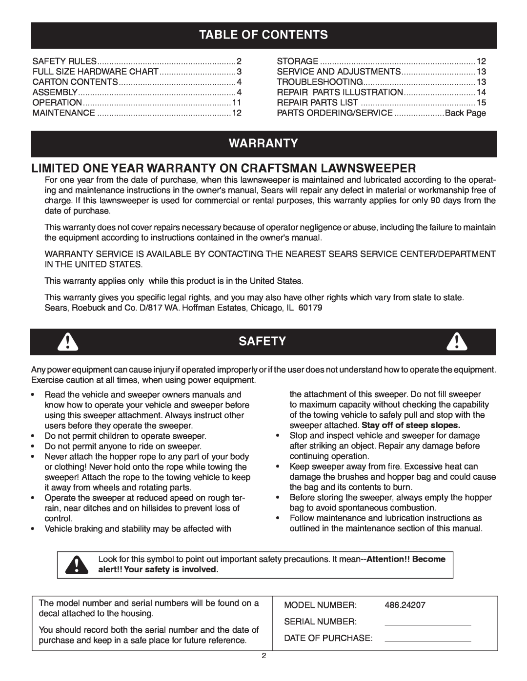 Craftsman 486.24207 owner manual Table Of Contents, Limited One Year Warranty On Craftsman Lawnsweeper, Safety 