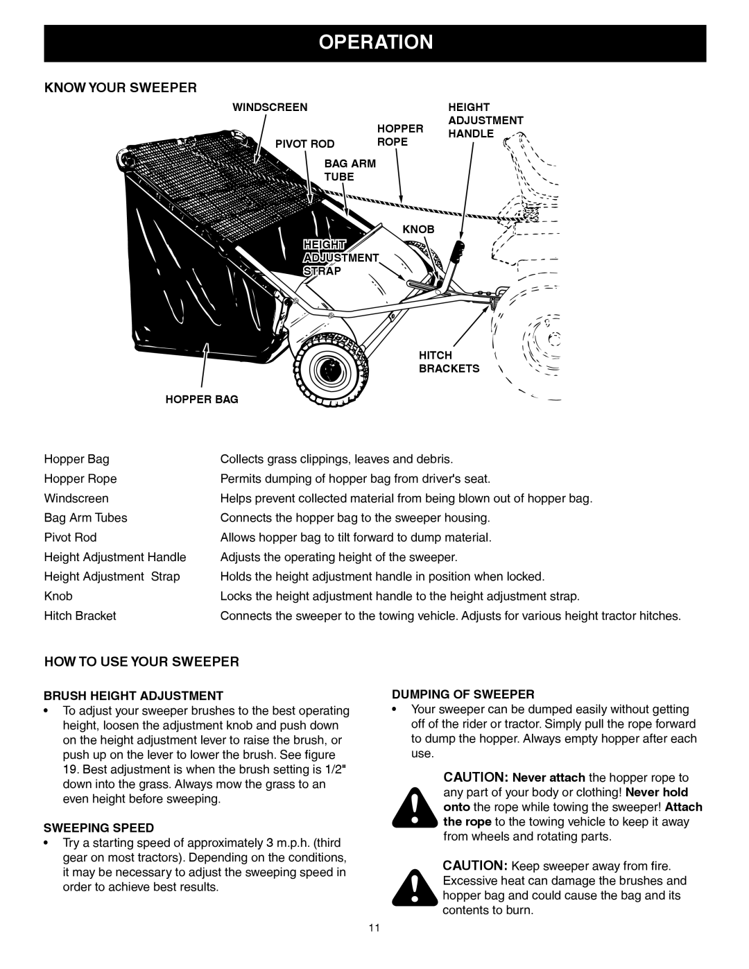 Craftsman 486.242112 owner manual Operation, Brush Height Adjustment, Sweeping Speed, Dumping of Sweeper 