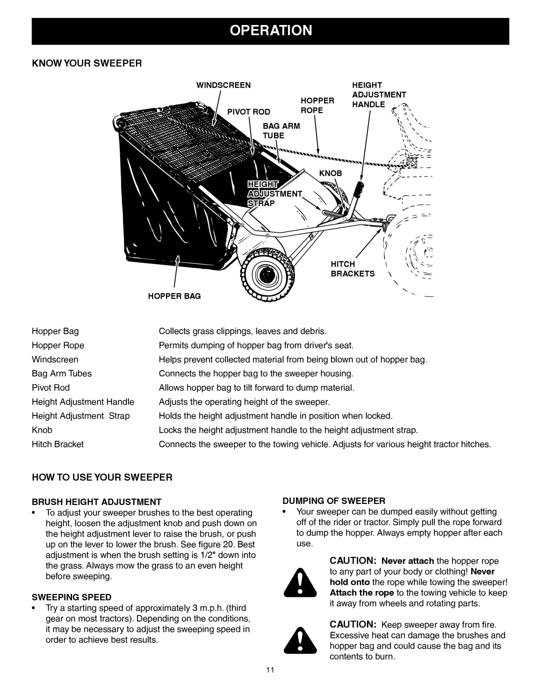 Craftsman 486.24222 owner manual Operation, Brush Height Adjustment, Sweeping Speed, Dumping of Sweeper 