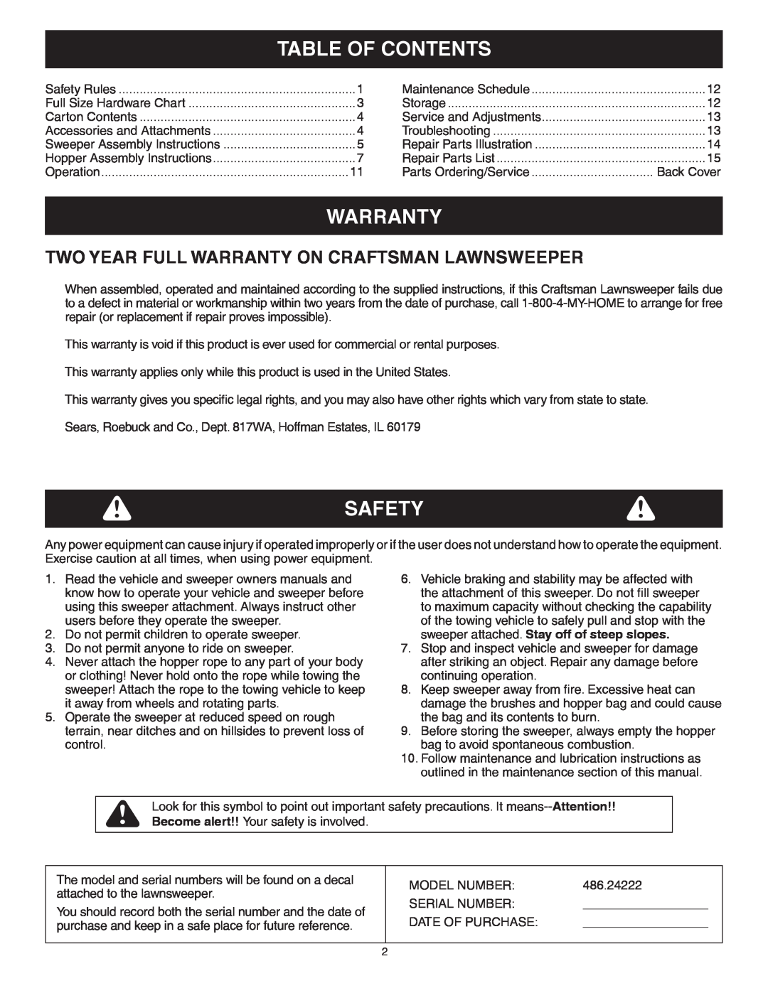 Craftsman 486.24222 owner manual Table Of Contents, Safety, Two Year Full Warranty On Craftsman Lawnsweeper 