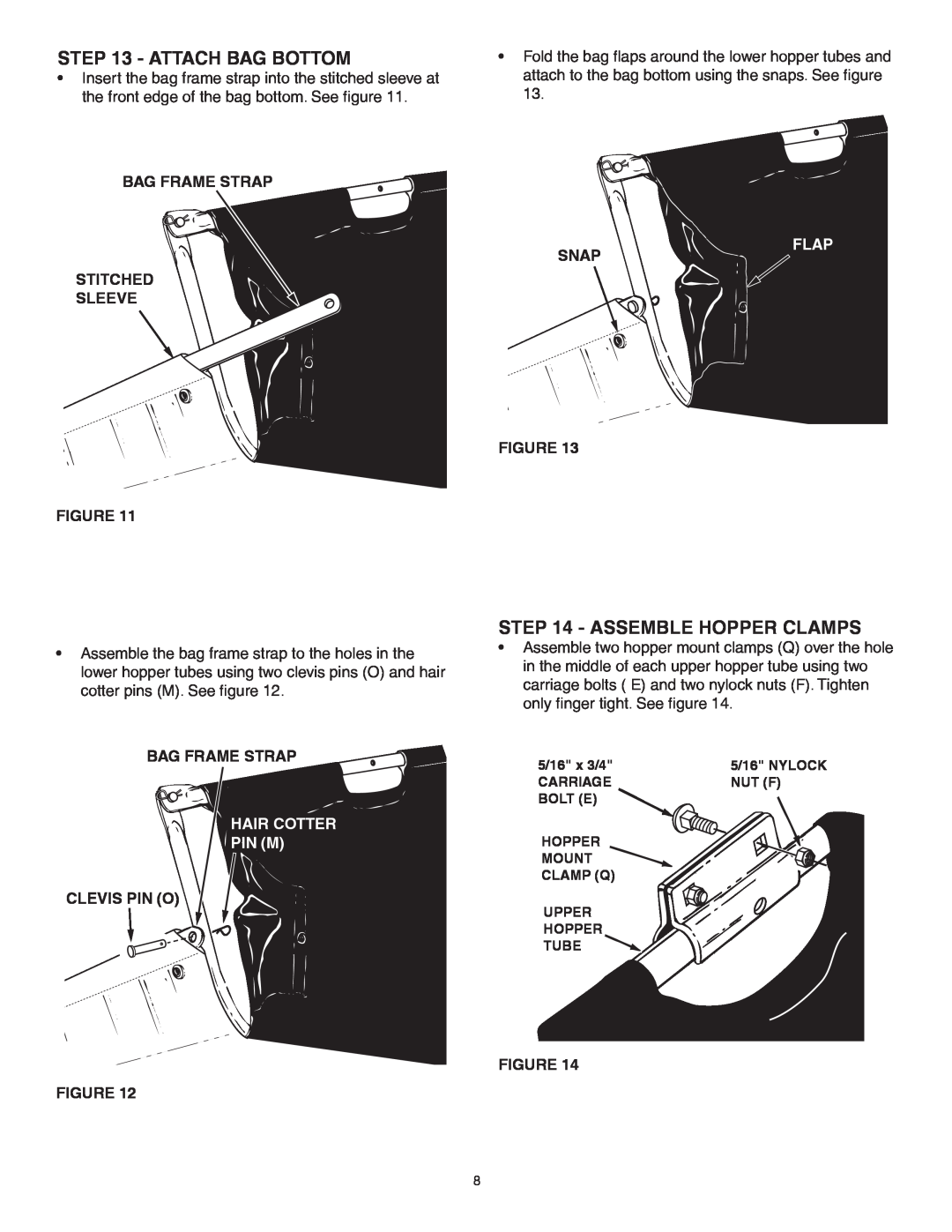 Craftsman 486.24222 owner manual Attach Bag Bottom, Assemble Hopper Clamps, Hair Cotter Pin M, Flap 