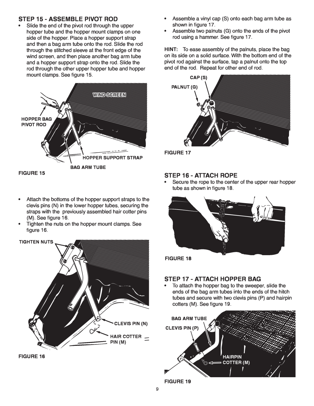 Craftsman 486.24222 owner manual Assemble Pivot Rod, Attach Rope, Attach Hopper Bag 