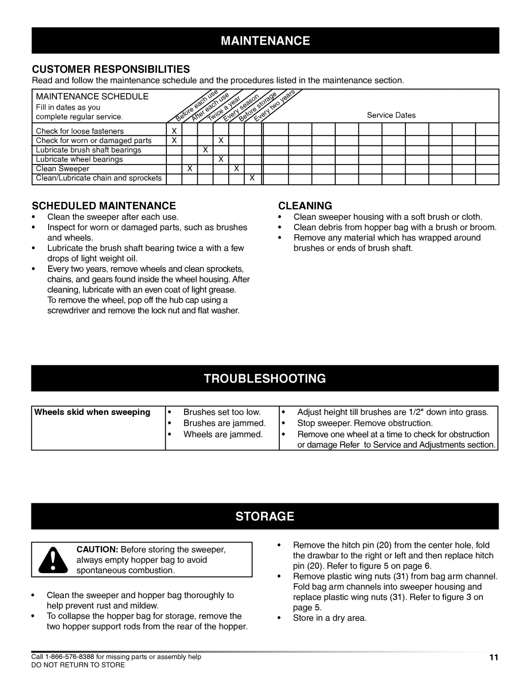 Craftsman 486.24229 manual Maintenance, Troubleshooting, Storage, Customer Responsibilities 