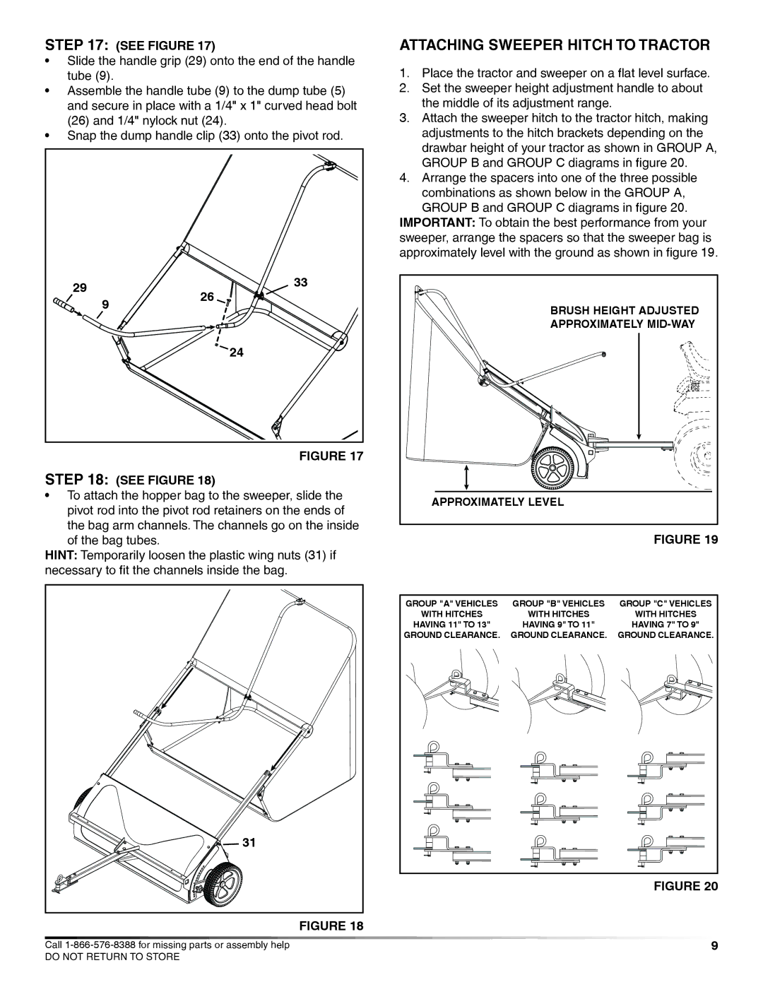 Craftsman 486.24229 manual Attaching Sweeper Hitch to Tractor, Approximately Level 