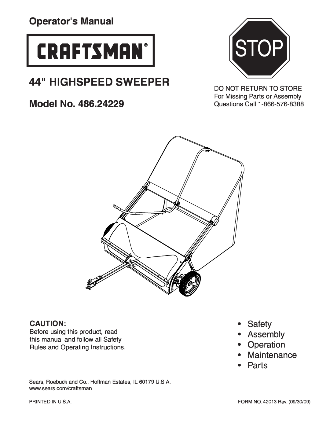 Craftsman 486.24229 manual Stop, Highspeed Sweeper, Operators Manual, Model No 