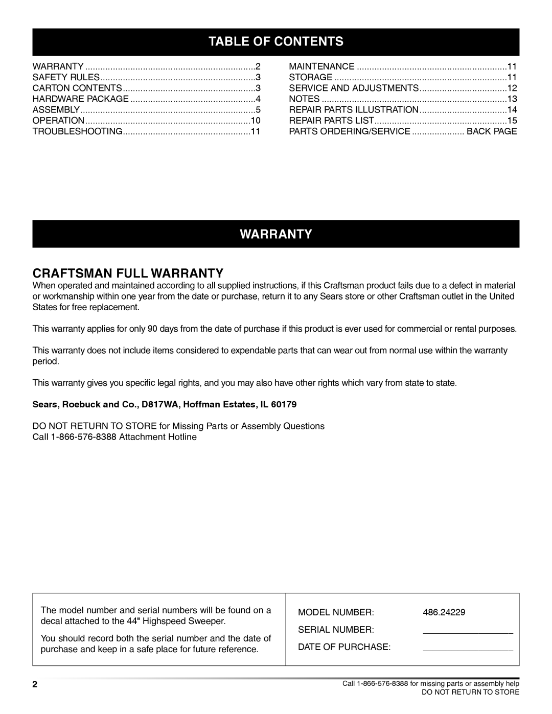 Craftsman 486.24229 manual Table Of Contents, Craftsman Full Warranty 