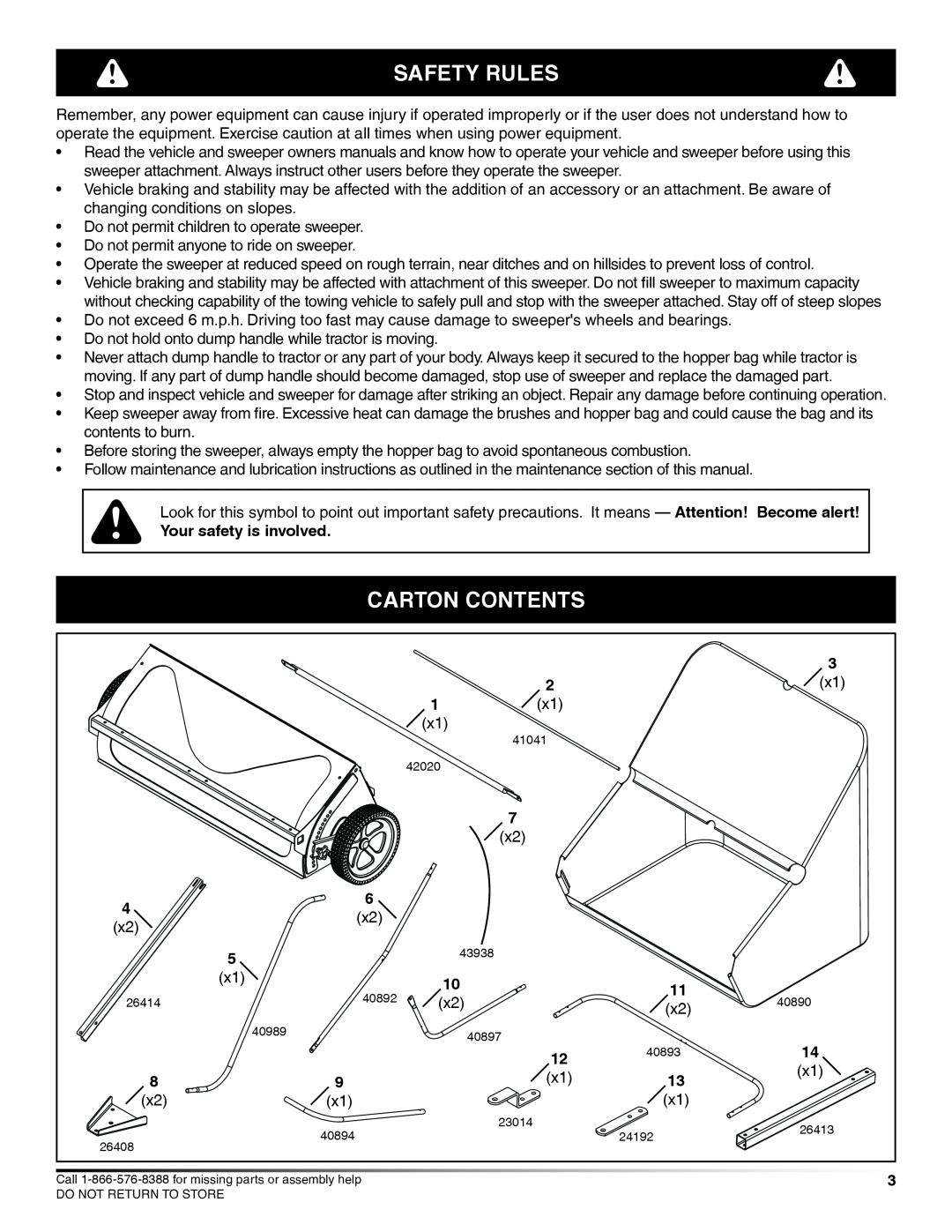Craftsman 486.24229 manual safety rules, carton contents 