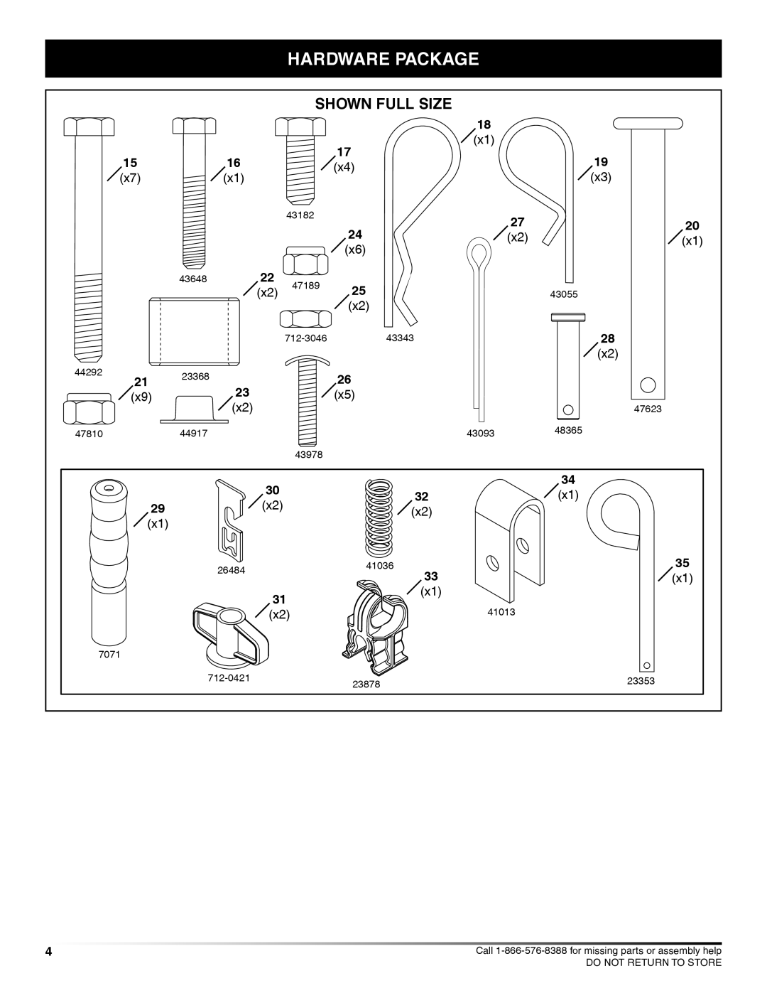 Craftsman 486.24229 manual hardware package, shown full size 