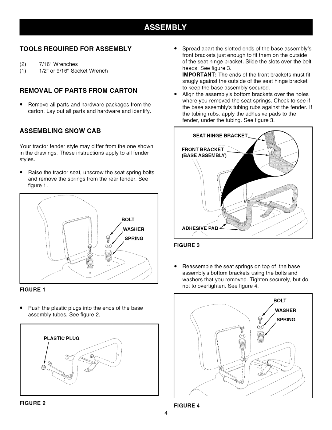 Craftsman 486.24275 owner manual Tools Required for Assembly, Removal of Parts from Carton, Assembling Snow CAB 