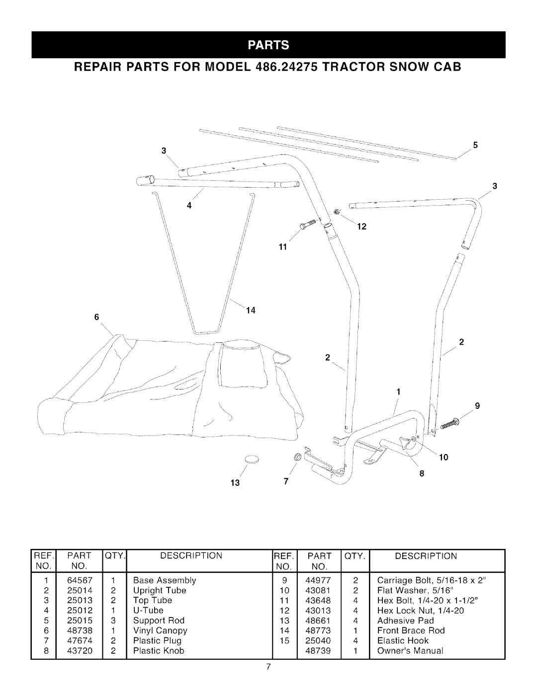 Craftsman owner manual Repair Parts for Model 486.24275 Tractor Snow CAB, REF. Part NO. no, QTY Description Part 