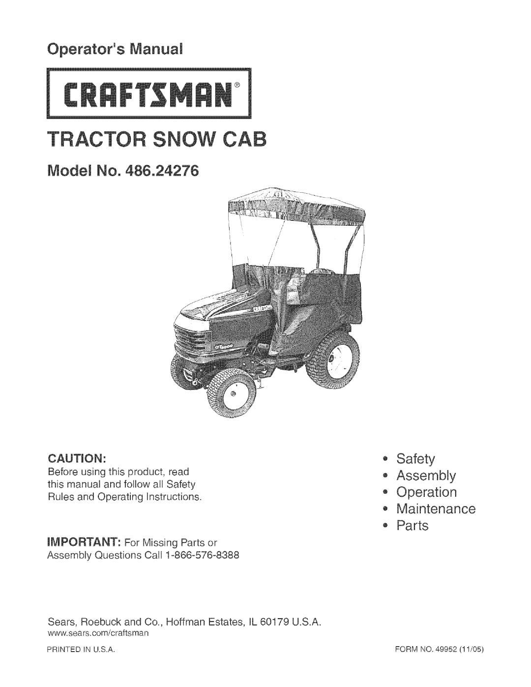 Craftsman 486.24276 manual Operators Manual, Mode No, Safety AssembLy Operation Maintenance Parts 