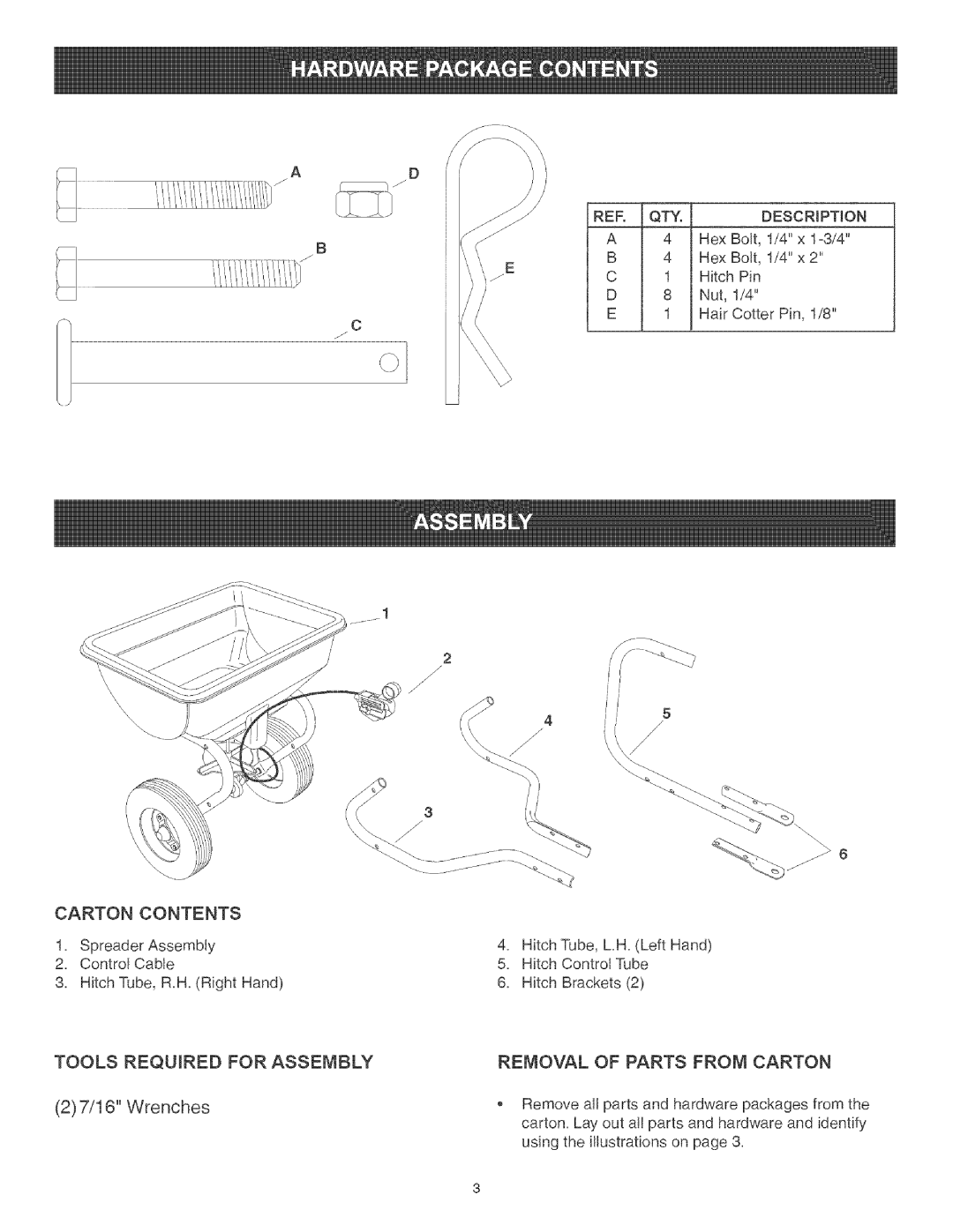 Craftsman 486.243222 Carton Contents, Tools Required for Assembly, Removal of Parts from Carton, REF. QTY Description 