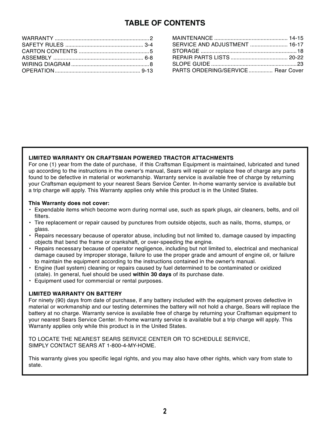 Craftsman 486.243292 owner manual Table of Contents 