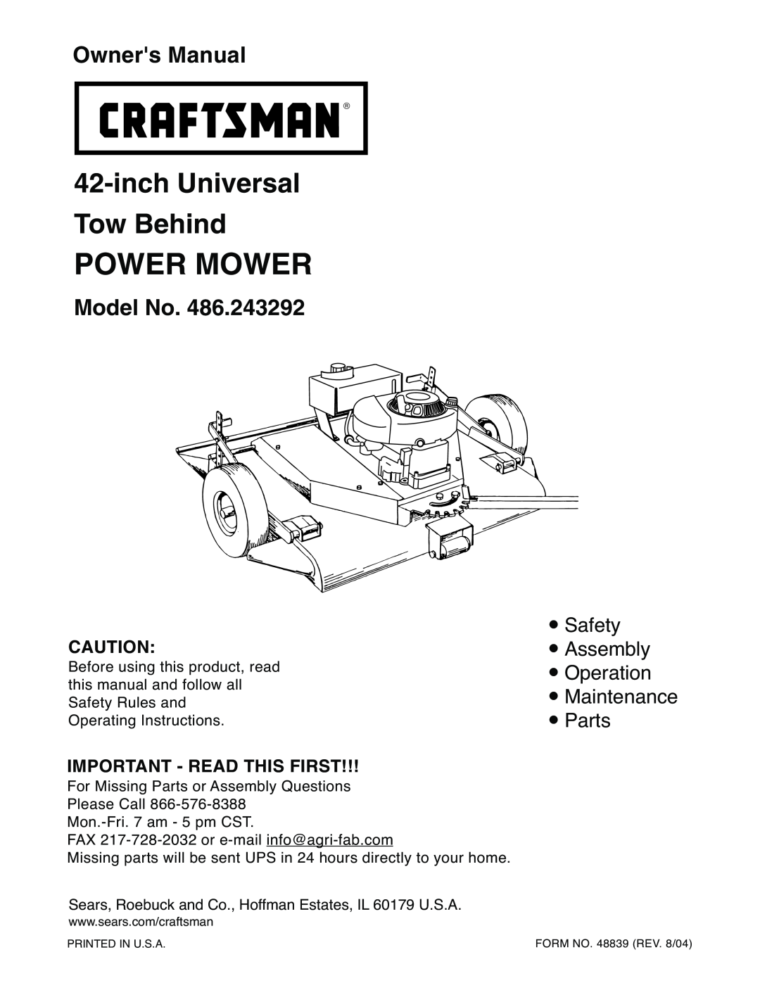 Craftsman 486.243292 owner manual Power Mower, Important - Read This First, inch Universal Tow Behind, Model No 