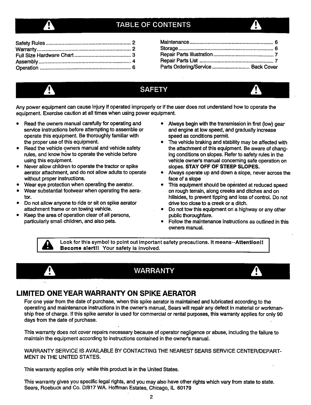 Craftsman 486.24336 owner manual Limited Oneyear Warranty on Spike Aerator 