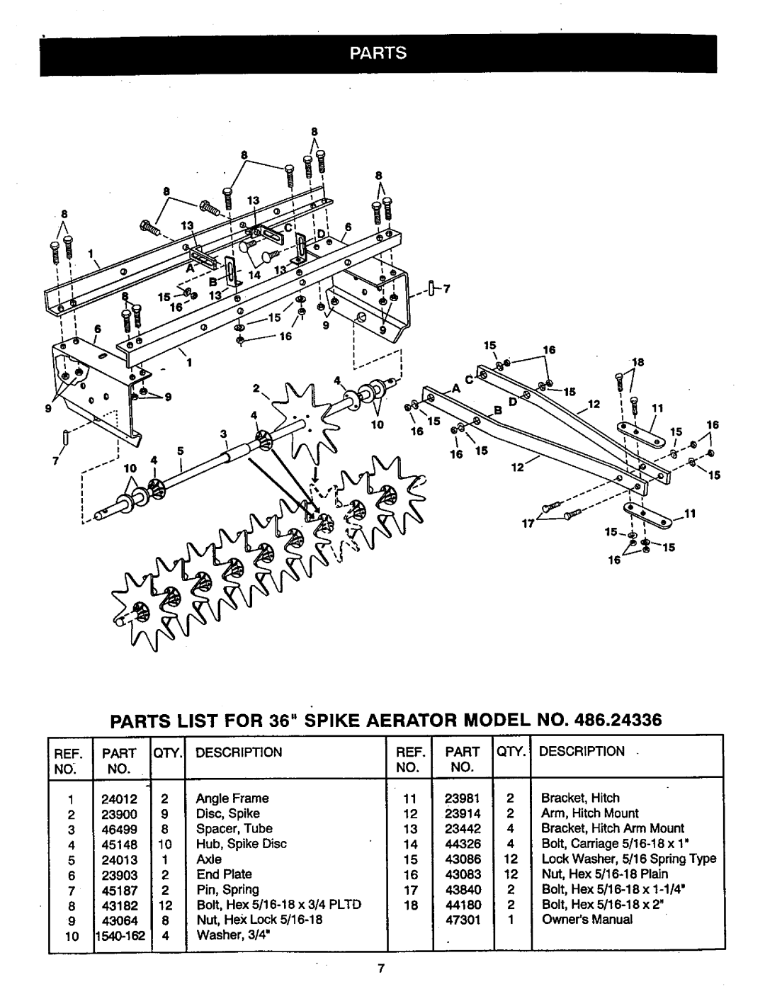 Craftsman 486.24336 owner manual Parts List for 36 Spike Aerator Model no, Part QTY Description 