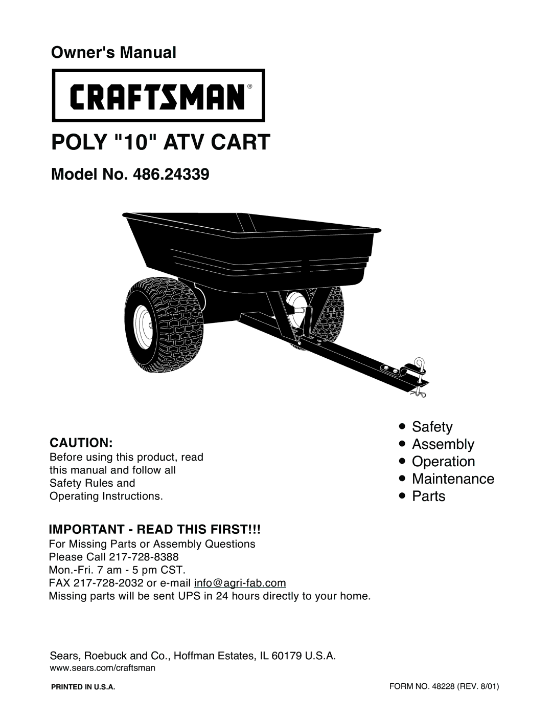 Craftsman 486.24339 owner manual Poly 10 ATV Cart 