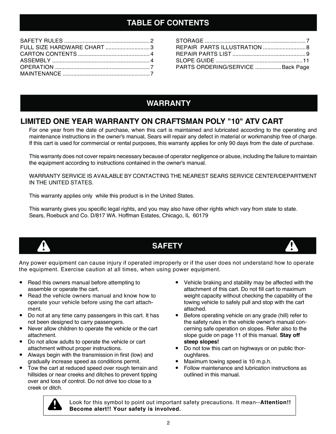 Craftsman 486.24339 owner manual Table of Contents, Warranty, Safety 