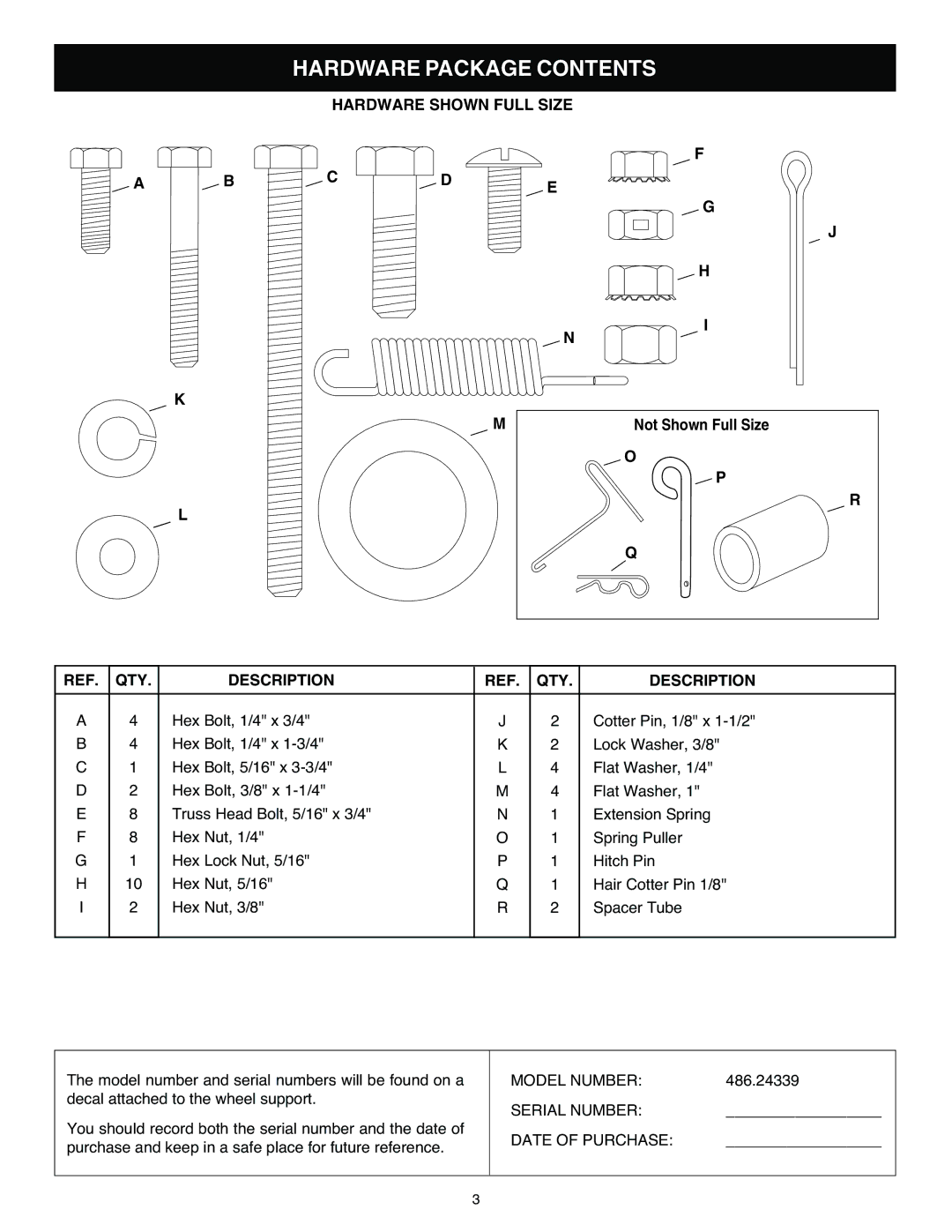 Craftsman 486.24339 owner manual Hardware Package Contents 