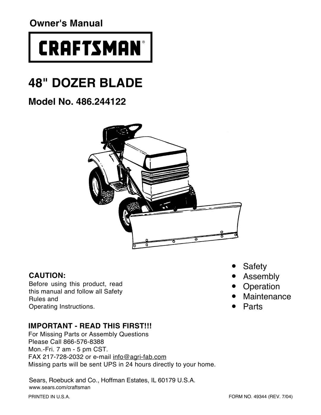 Craftsman 486.244122 manual Dozer Blade, Important Read this First 