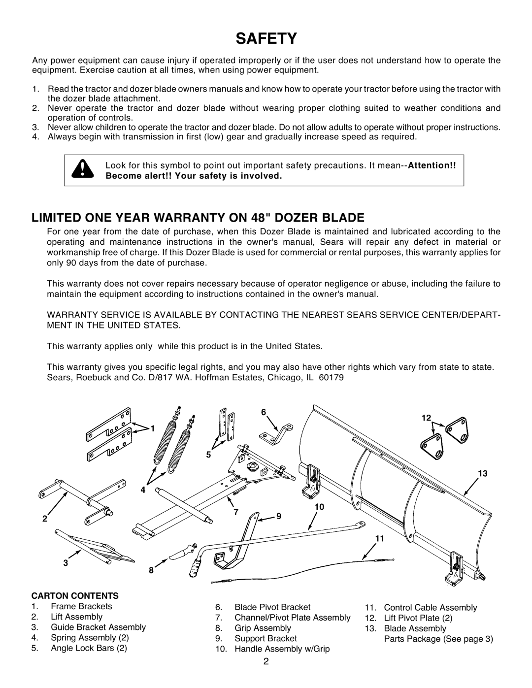 Craftsman 486.244122 manual Limited ONE Year Warranty on 48 Dozer Blade, Carton Contents 