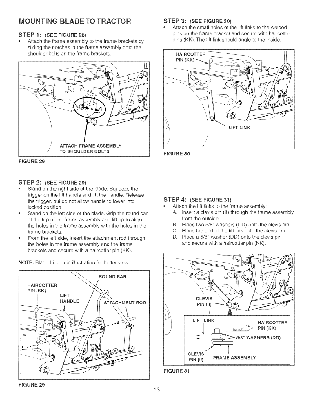 Craftsman 486.24414 manual Mounting Blade to Tractor, PmNKK 