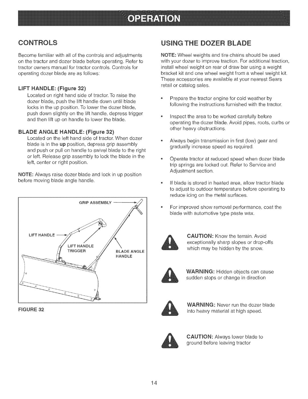 Craftsman 486.24414 manual Controls, Using HE Dozer Blade 