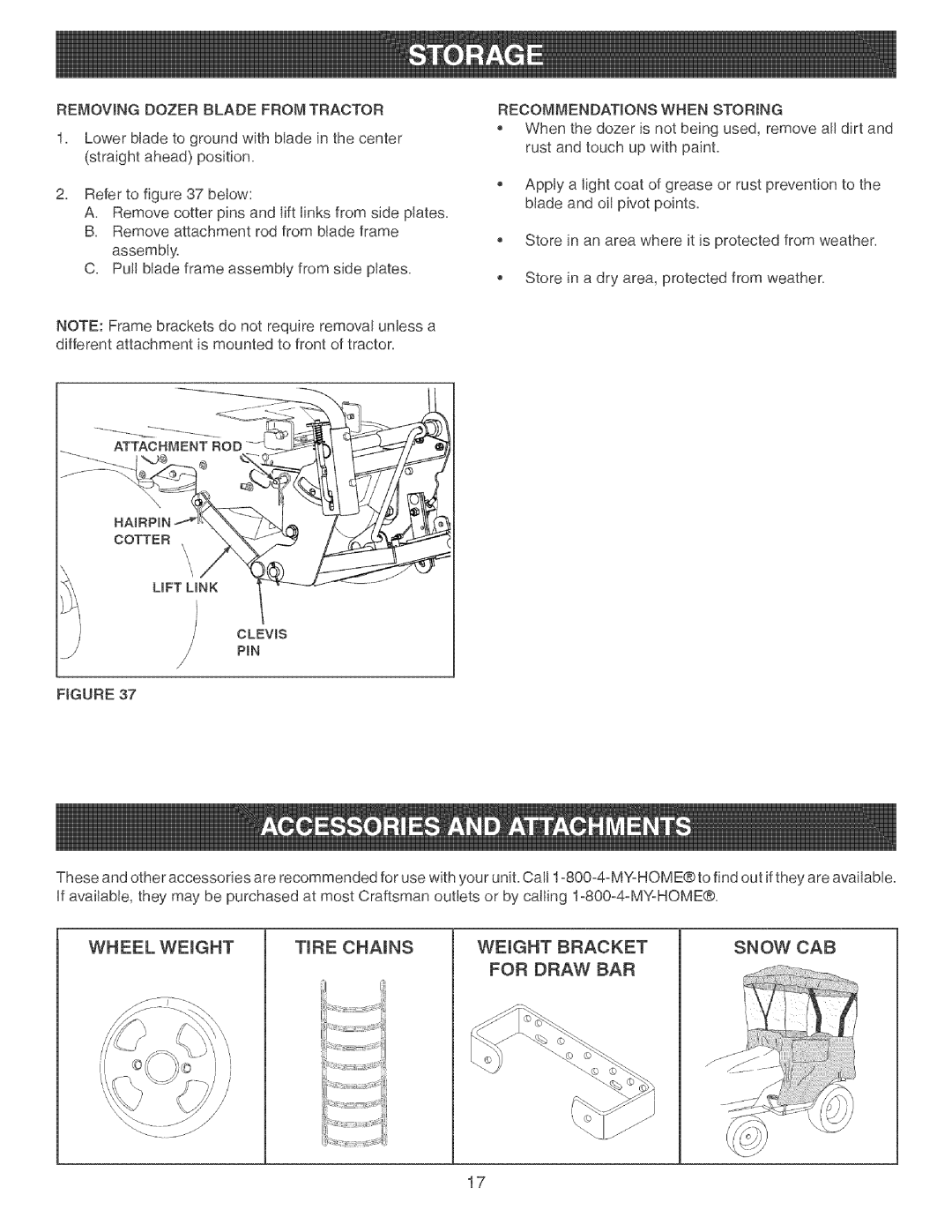 Craftsman 486.24414 manual Removing Dozer Blade from Tractor, Attachment, Recommendations When Storing 