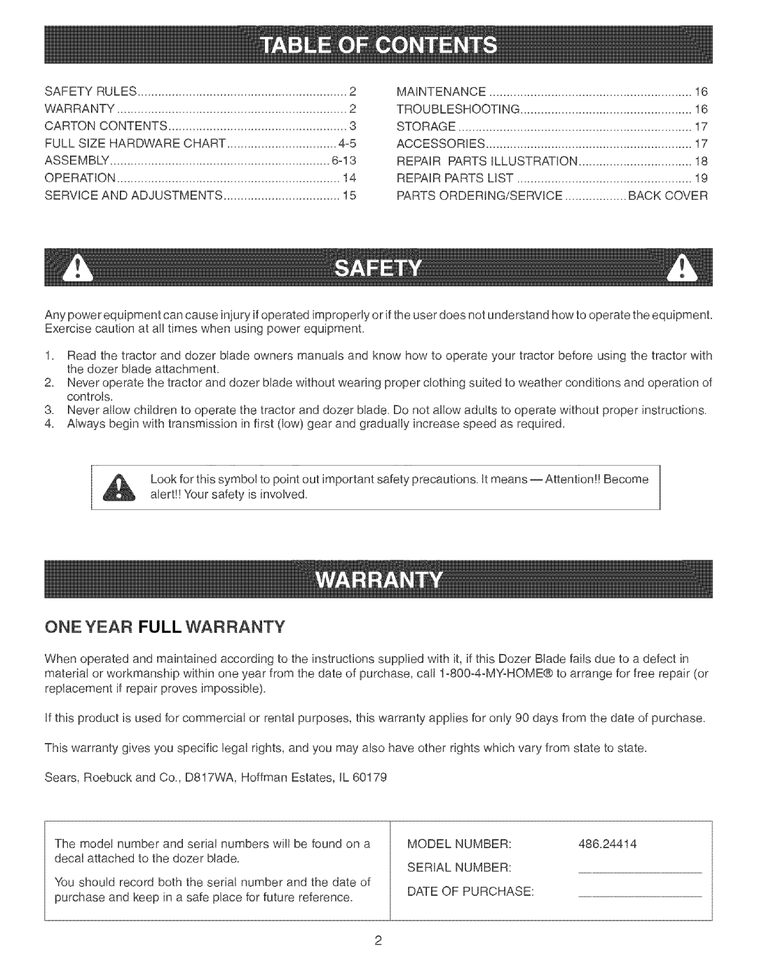 Craftsman 486.24414 manual ONE Year Full Warranty 