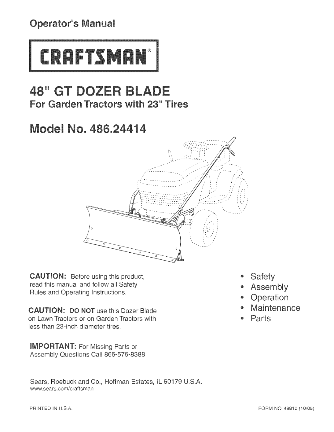 Craftsman 486.24414 manual Operators Manual, For Garden Tractors with 23 Tires, Model No 