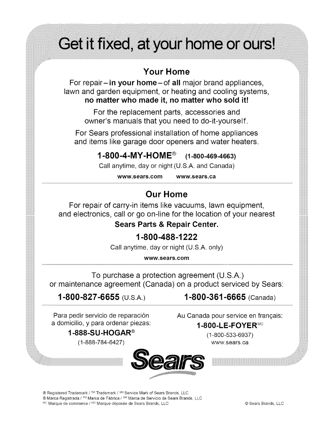 Craftsman 486.24414 manual Our Home, Sears Parts & Repair Center 