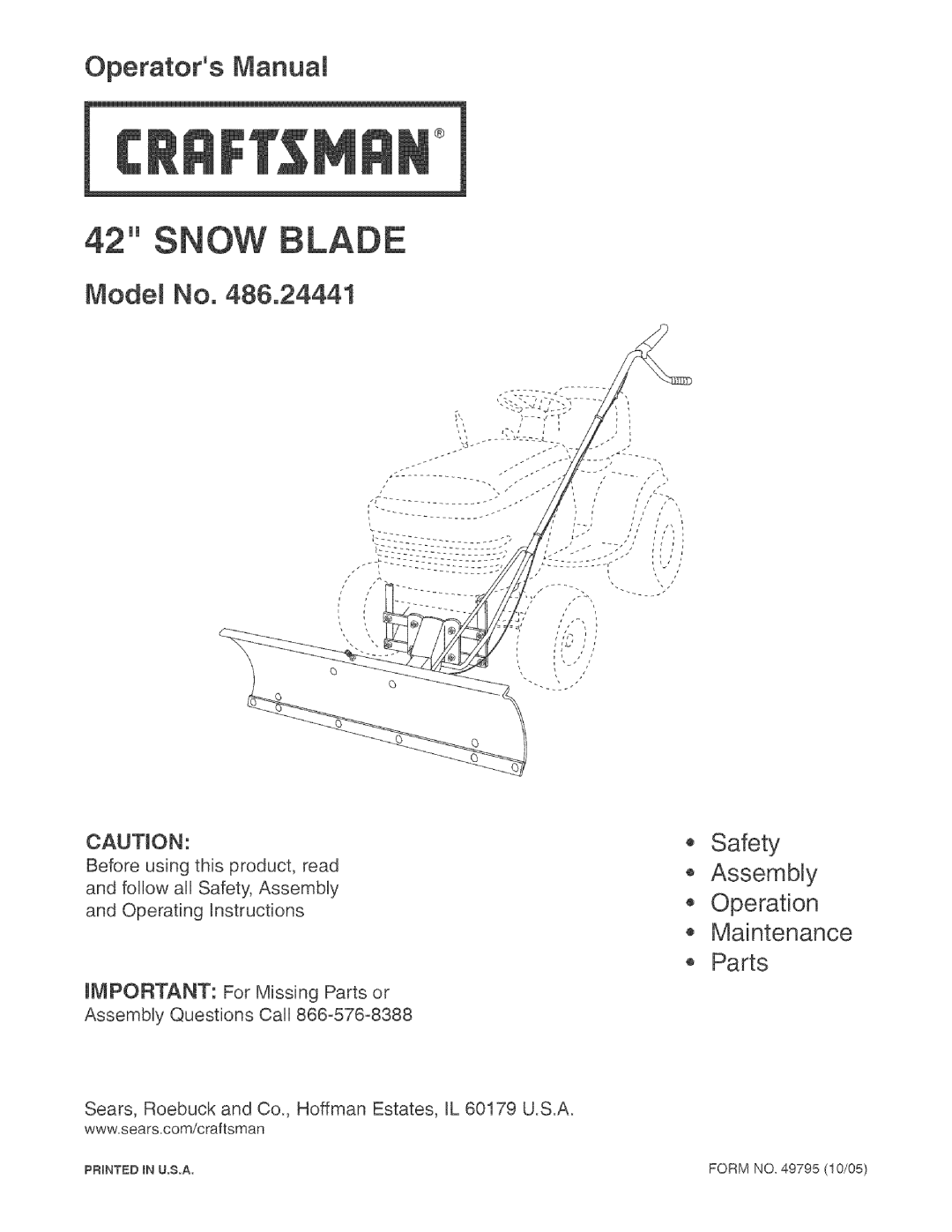 Craftsman 486.24441 operating instructions Safety AssembLy Operation Maintenance Parts, Operators IVianuai 