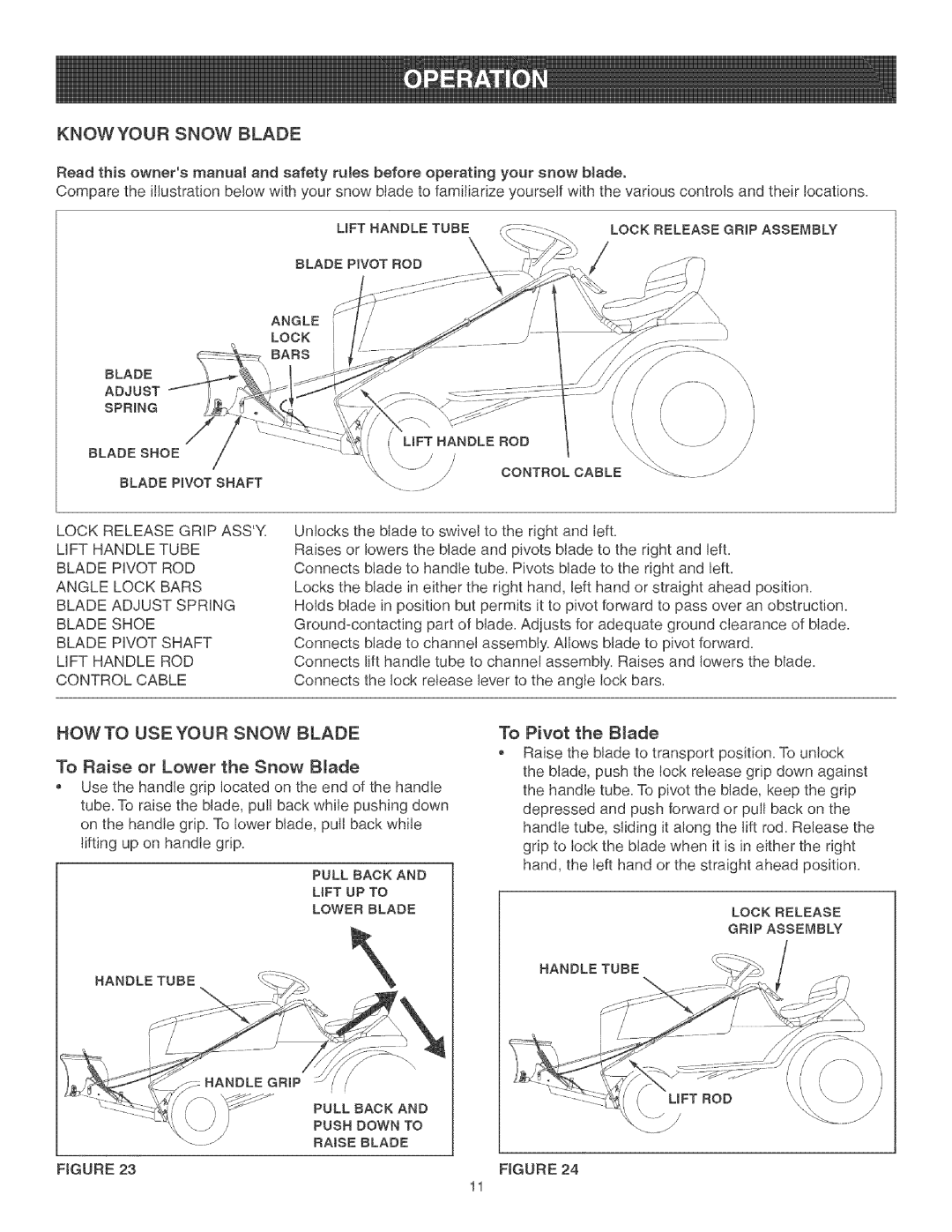 Craftsman 486.24441 operating instructions Knowyour Snow Blade, How To Use Your Snow Blade, To Pivot the Blade 